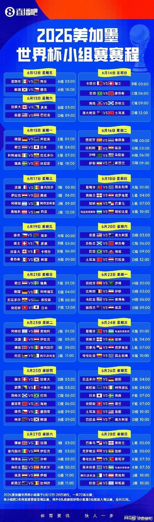 2026世界杯小组赛赛程完整版完整安排实时查看