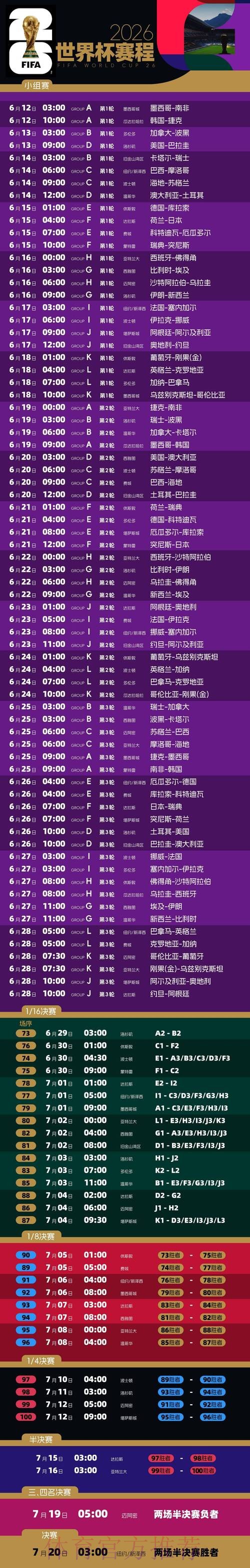 2026世界杯每日赛程今日比赛时间表免费观看